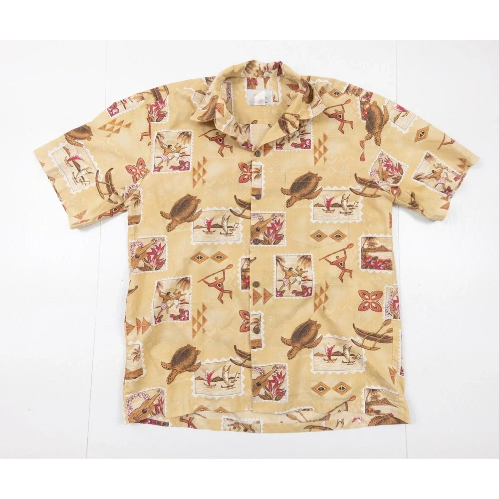 Ho Aloha Shirt Mens Medium Beige Hawaiian Button Up Short Sleeve Turtle Collared